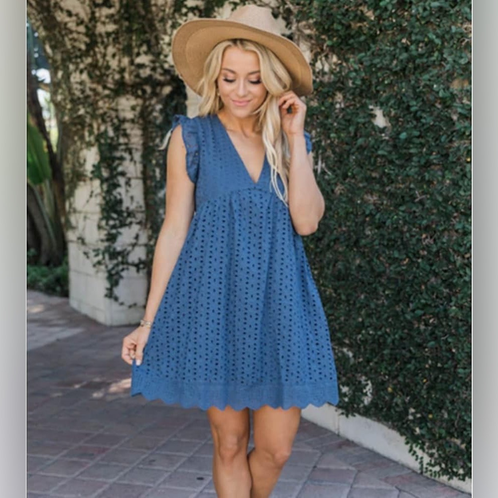 California Eyelet Romper Dress Blue Lace Embroidery Babydoll Cottagecore Boho L